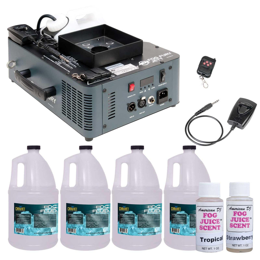 American DJ Fog Fury Jett High Velocity RGBA LED Vertical Fog Machine with Variety Fog Juice Package