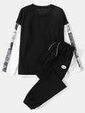 mens texture paisley print stitching sweatshirt casual pullover two pieces outfits