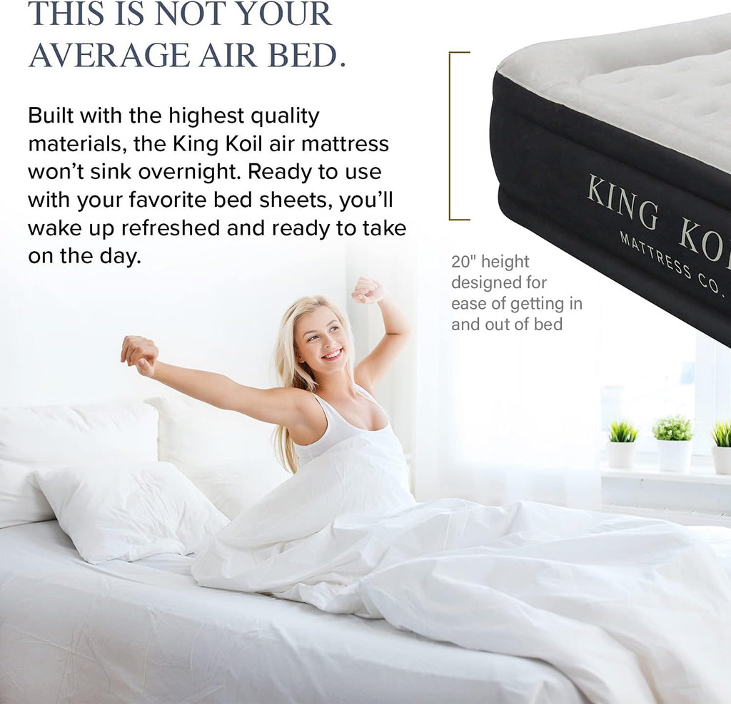 King Koil Luxury Air Mattress Queen with Built-in Pump for Home, 20” Queen Size Inflatable Airbed Luxury Double High Adjustable Blow Up Mattress, Durable - Portable and Waterproof, Black
