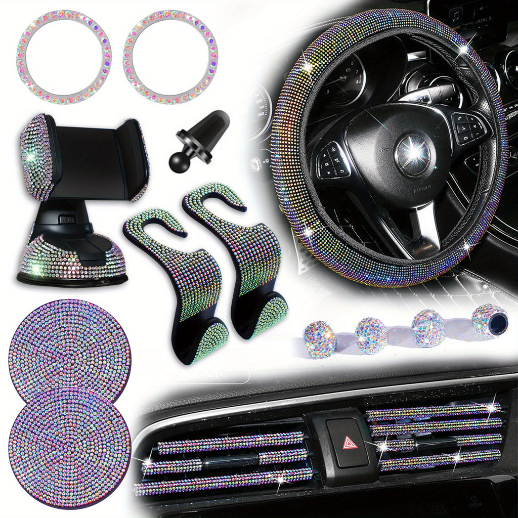 18pcs/set Light Luxury Hot Artificial Diamond Car Interior Set Crystal Steering Wheel Cover Mobile Phone Holder Women Car Interior Accessories