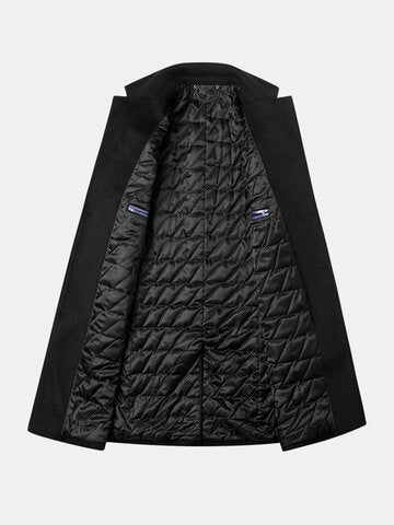 mens woolen pure color button up business casual mid-length overcoats