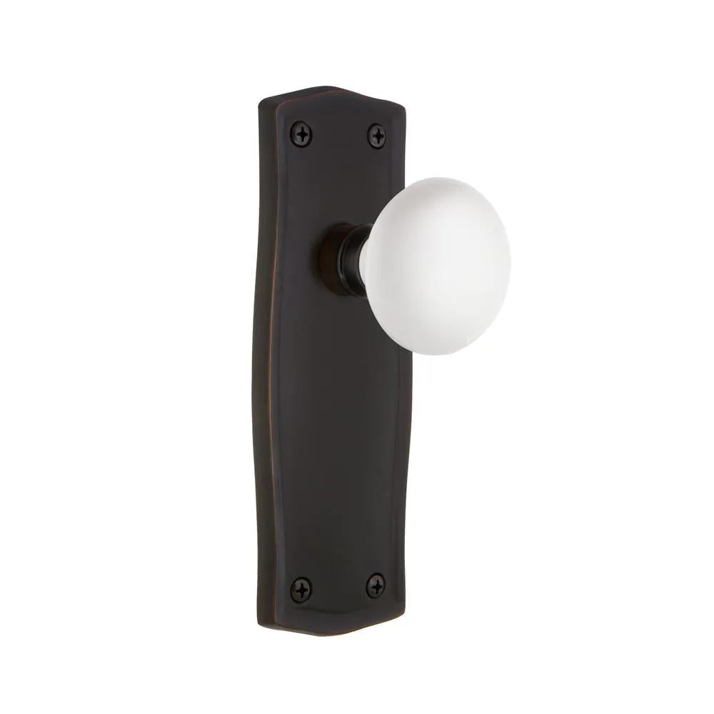 Prairie Plate 2-3/8 in. Backset Timeless Bronze Privacy Bed/Bath White Porcelain Door Knob