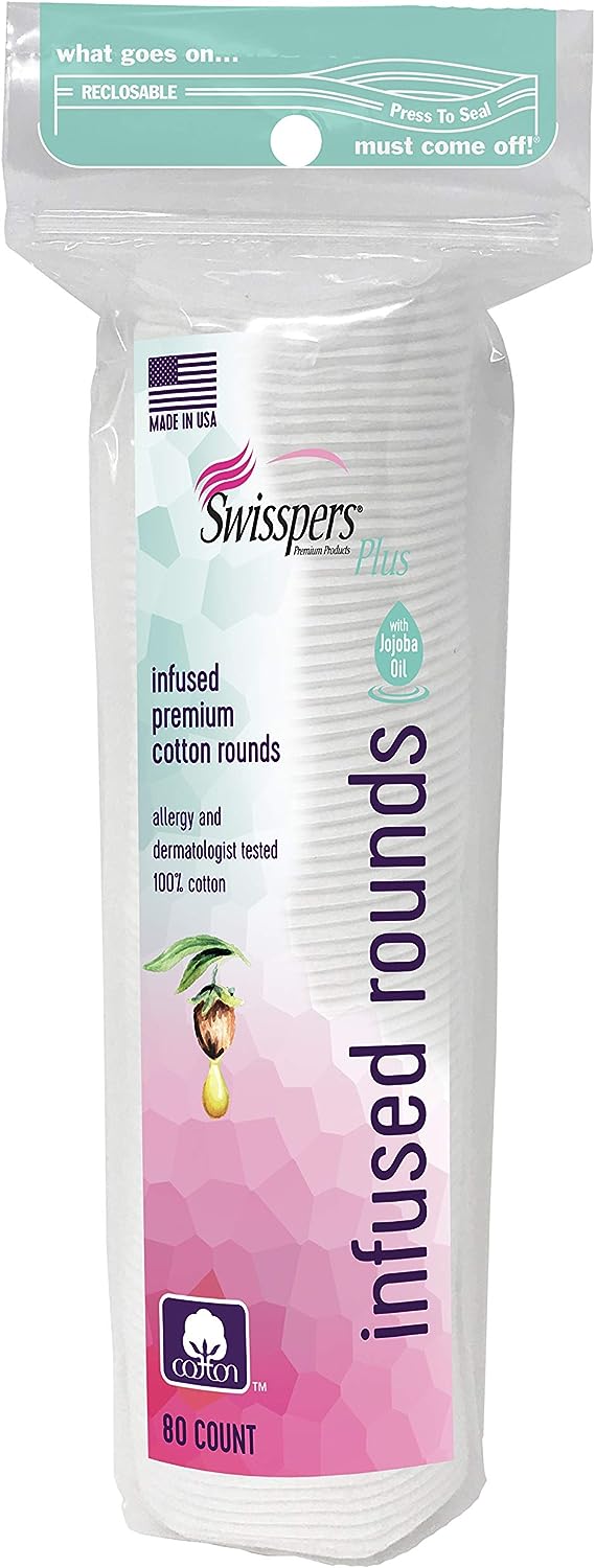 Swisspers Infused Premium Cotton Rounds with Jojoba Oil, 480-Count (6 Packages of 80-Count Rounds)