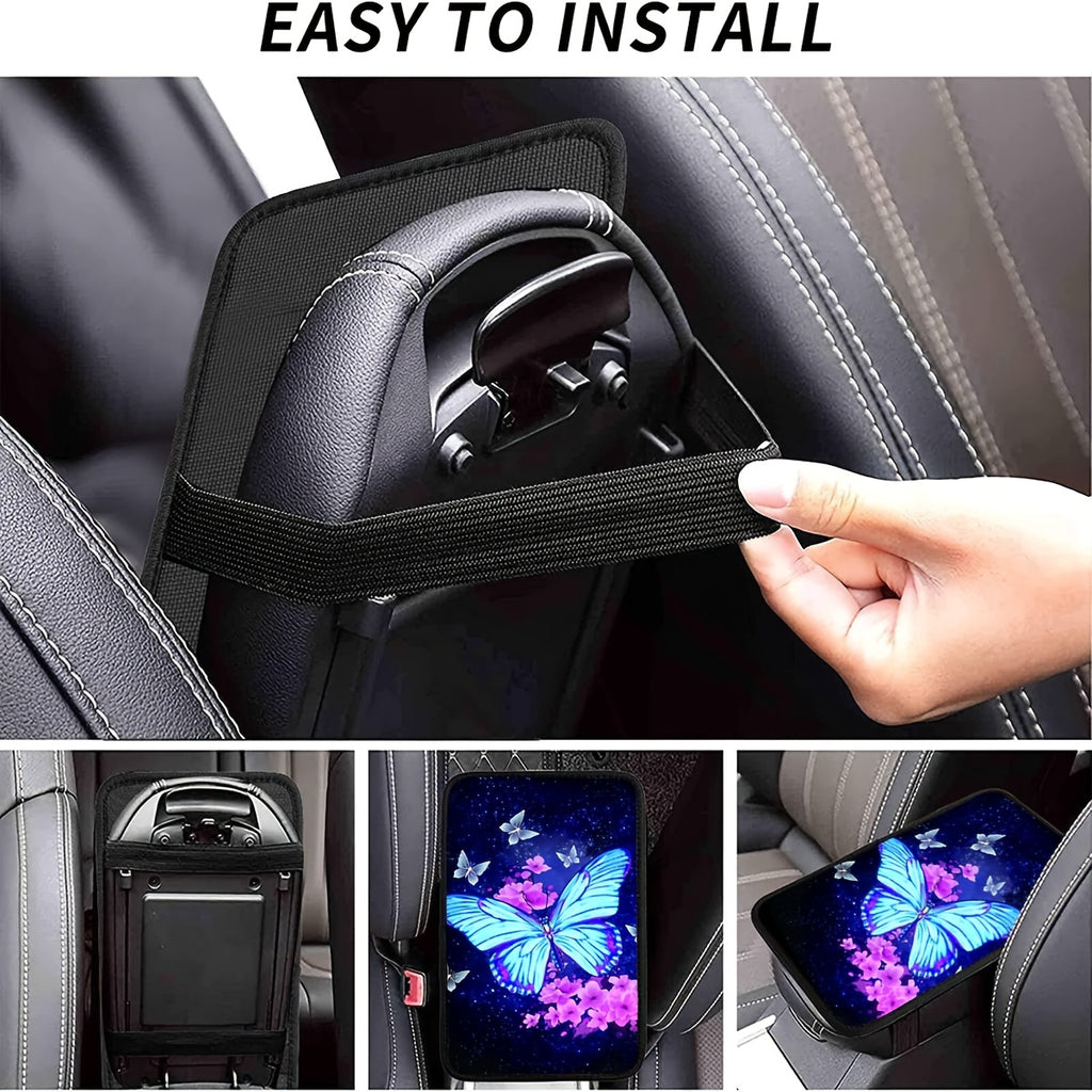 Blue Butterfly Print Armrest Box Mat, Armrest Box Protector Center Console Cover Car Decoration Accessories