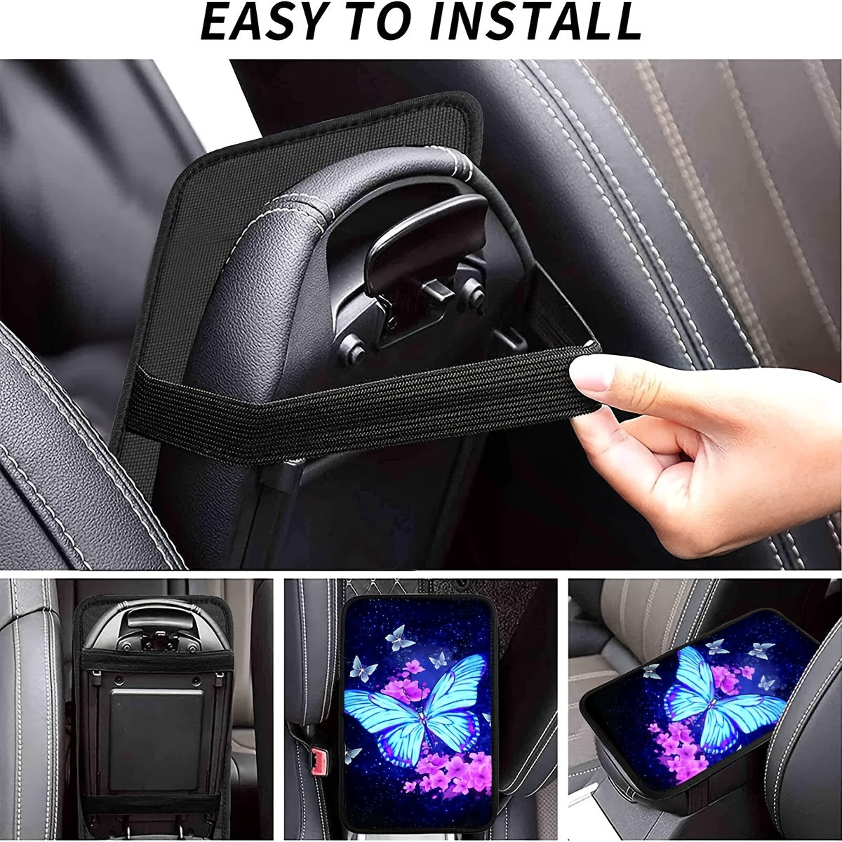 Blue Butterfly Print Armrest Box Mat, Armrest Box Protector Center Console Cover Car Decoration Accessories