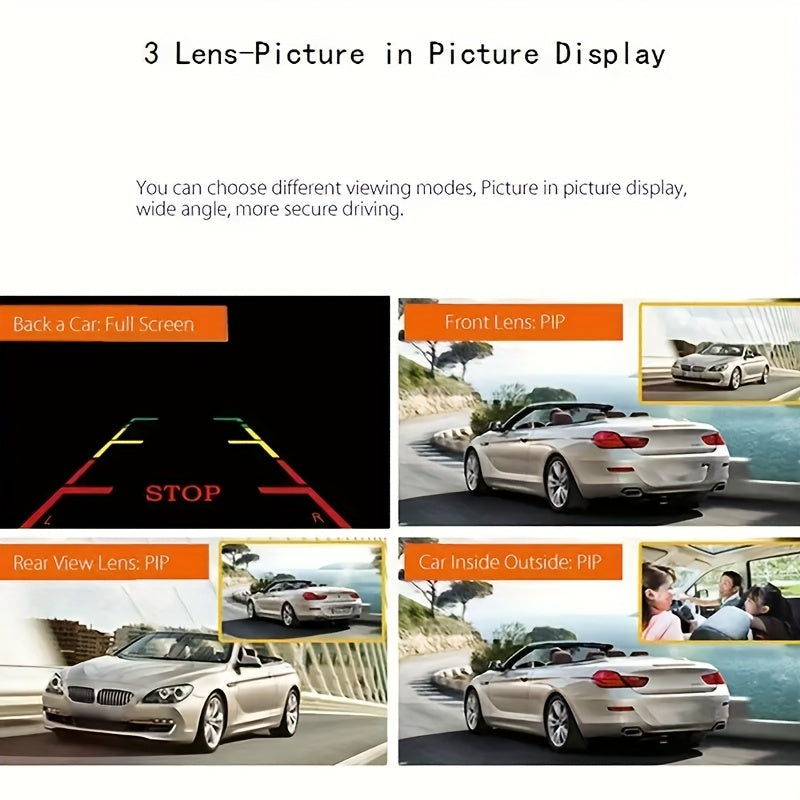 3 Lens Dash Camera, 4'' Touch IPS Screen Car Video Recorder, 1080P +720P+720P