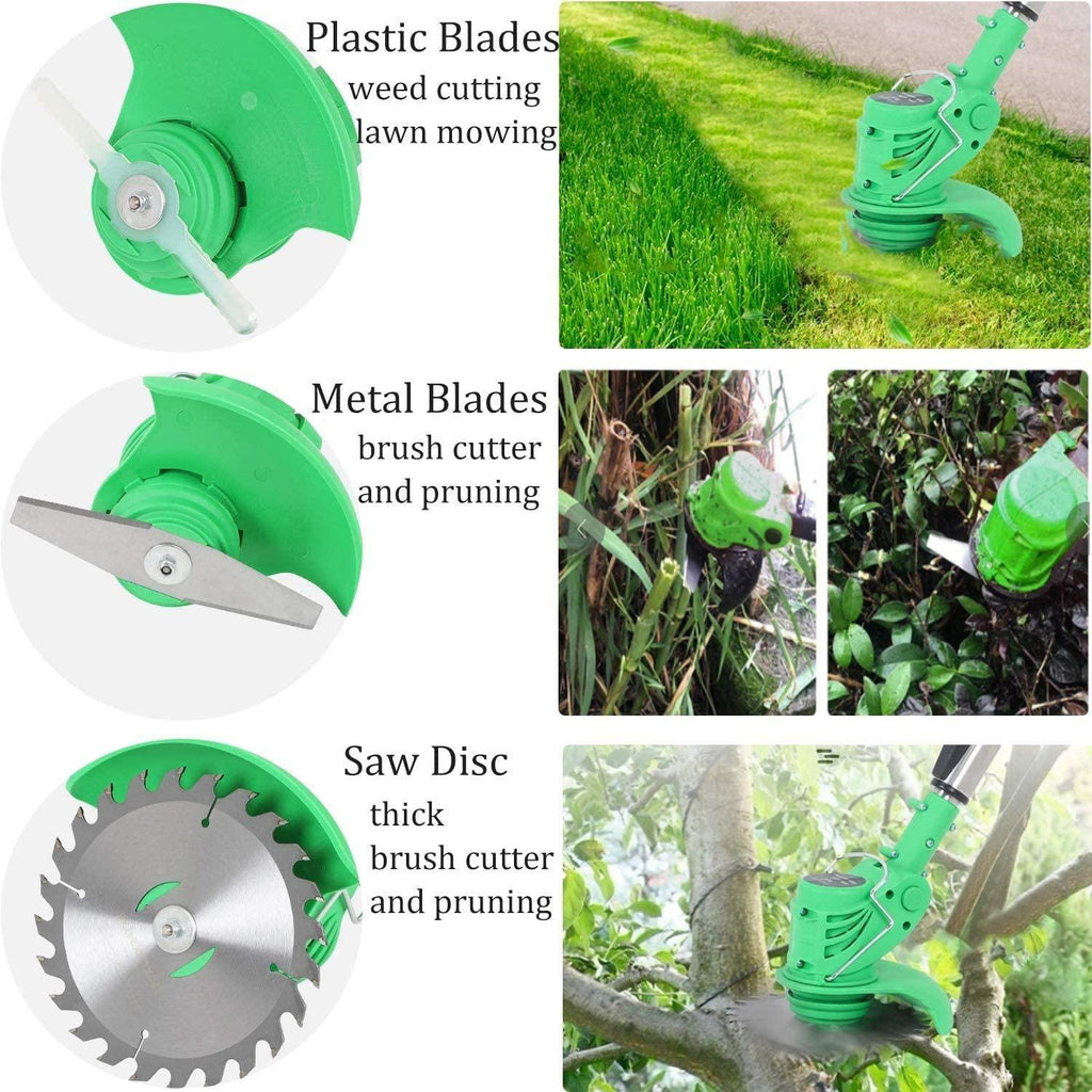 SAHAPA 21V Cordless Grass Trimmer with Steel Blades Mini Mower Weed, Cordless Weed Brush Cutter Kit Pruning Cutter Garden Tools, Battery Charger Included