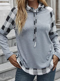 Check Print Stitching Casual Loose Long-sleeved T-shirt
