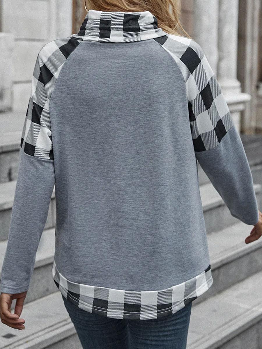 Check Print Stitching Casual Loose Long-sleeved T-shirt