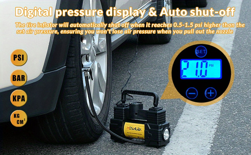 MESHUBA Tire Inflator 12V Portable Air Compressor, 150PSI Air Pump For Car Tires With Digital Pressure GauFor Car Bike Motor Ball, Yellow