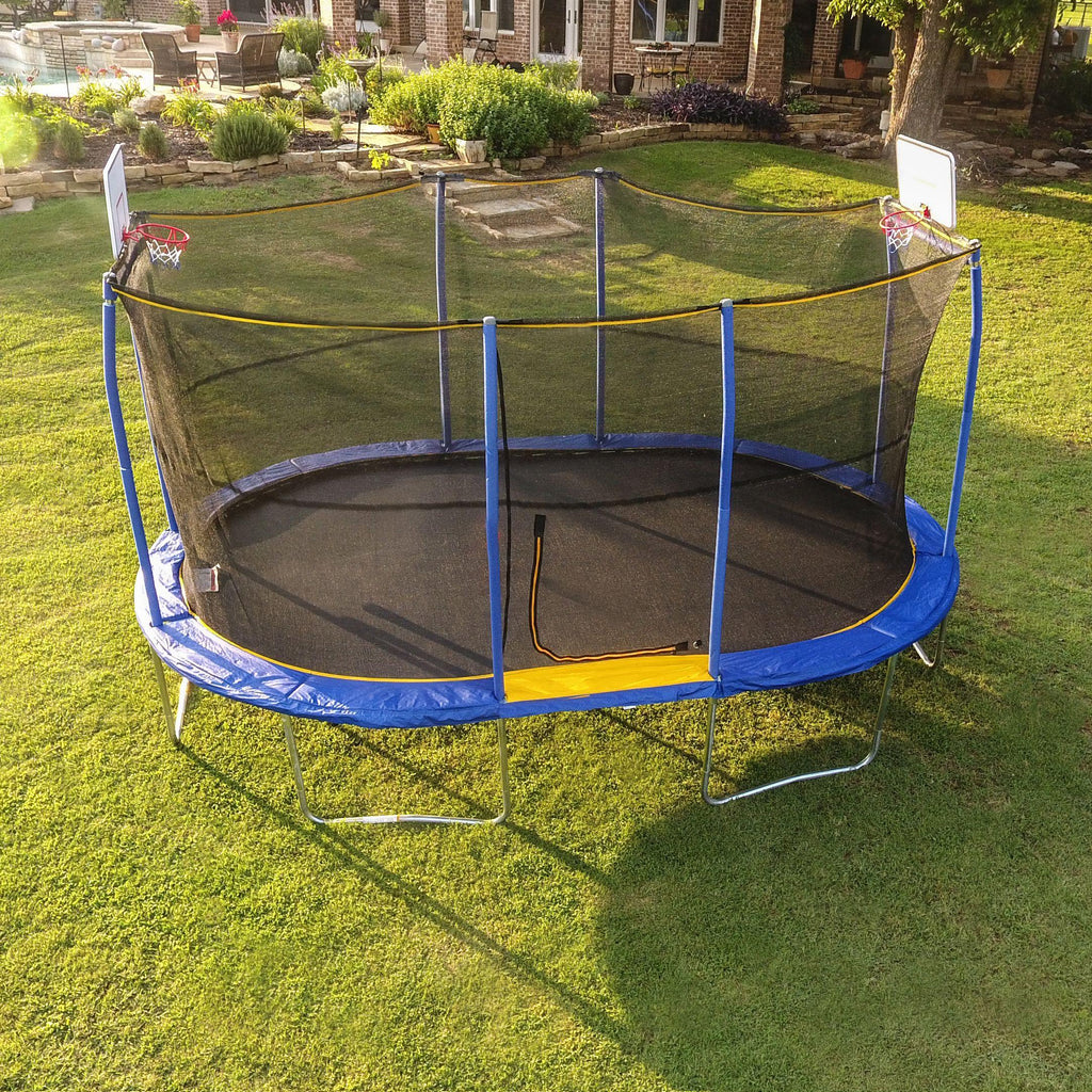 JumpOval 10' x 15' Trampoline, with Two Basketball Hoops, Blue/Yellow