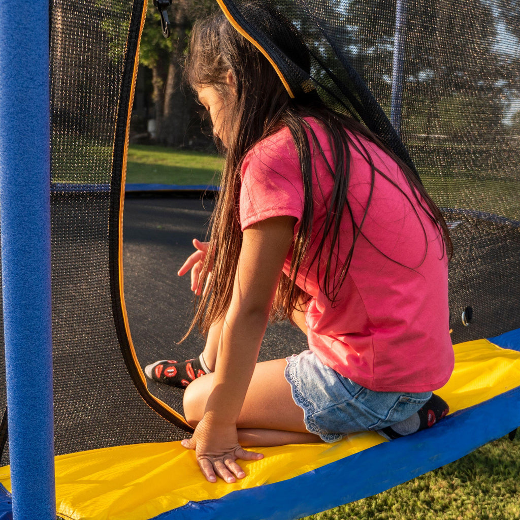 JumpOval 10' x 15' Trampoline, with Two Basketball Hoops, Blue/Yellow