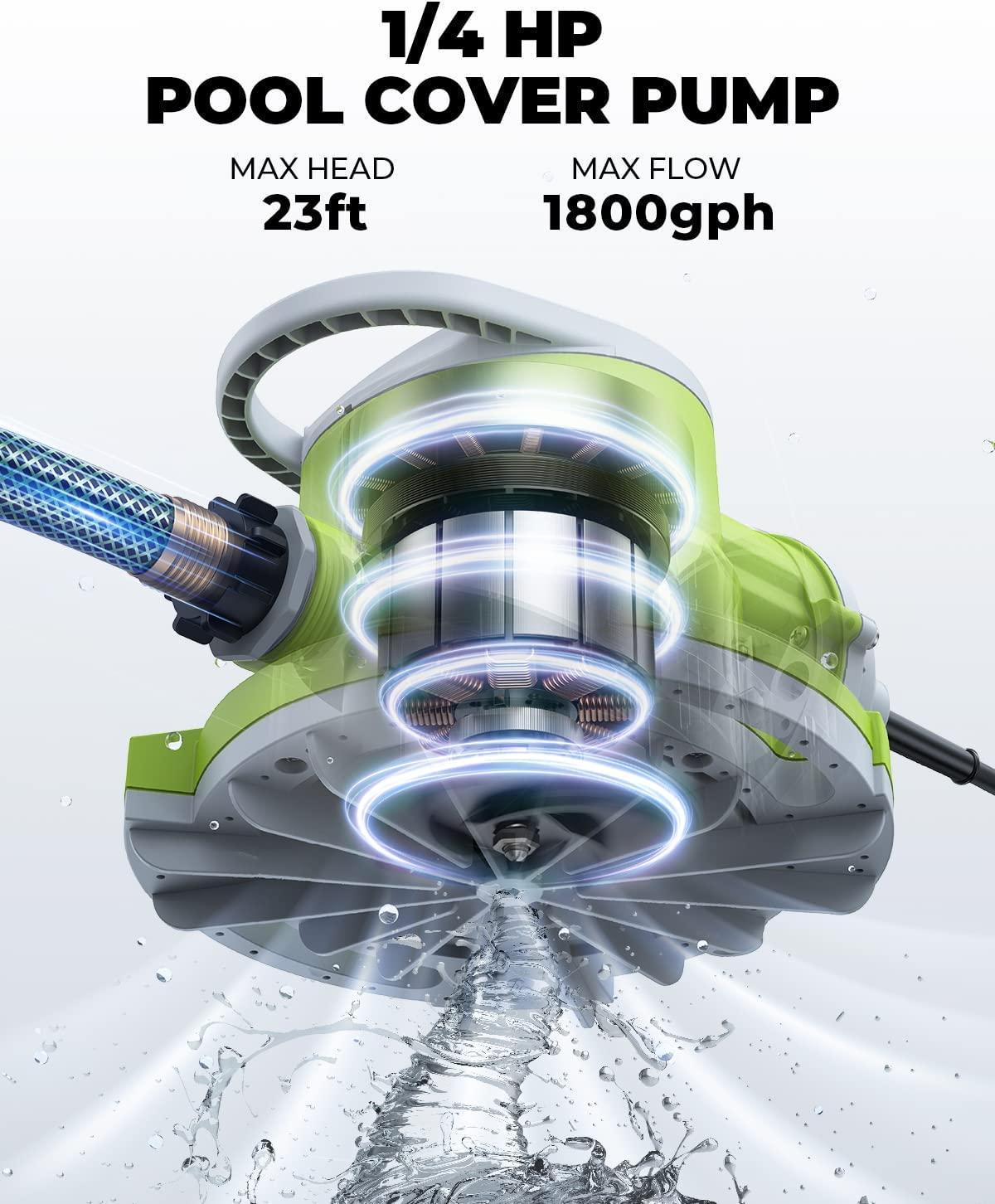 Valwix 1/4 HP Automatic Pool Cover Pump, 1800 GPH Max Flow Submersible Pump with Responsive Metal Probe, Single Direction Check Valve and 25FT Power Cord, Auto and Manual Mode for Various Purposes