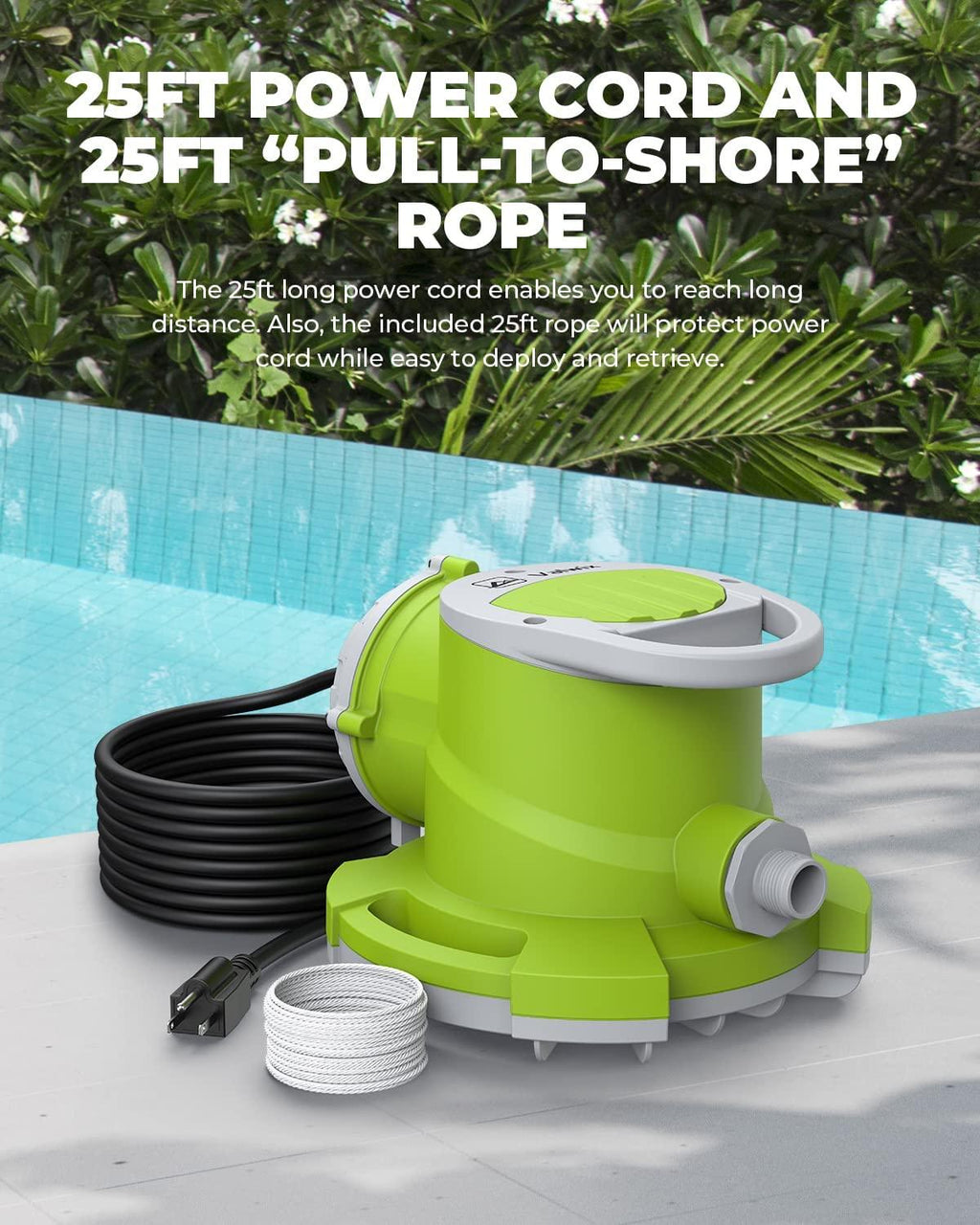 Valwix 1/4 HP Automatic Pool Cover Pump, 1800 GPH Max Flow Submersible Pump with Responsive Metal Probe, Single Direction Check Valve and 25FT Power Cord, Auto and Manual Mode for Various Purposes