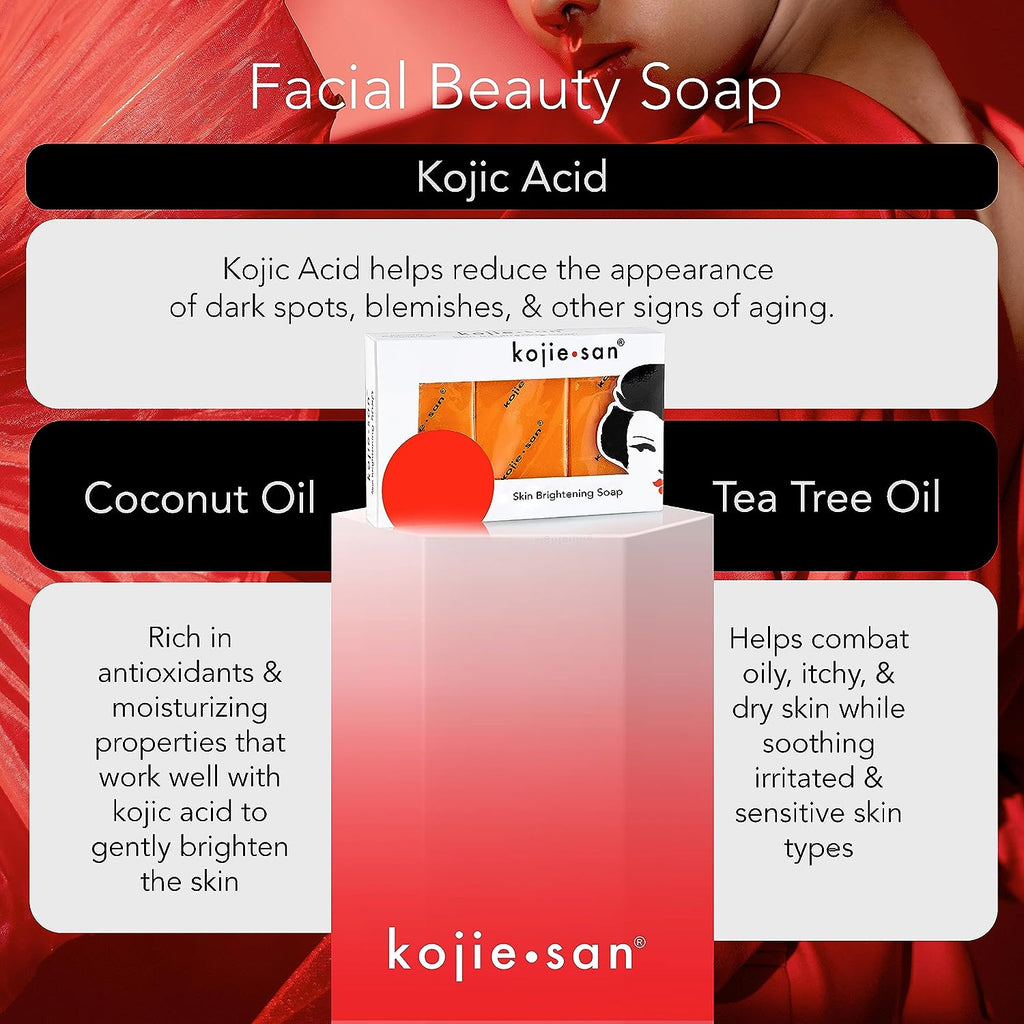 Kojie San Skin Brightening Soap - Original Kojic Acid Soap for Dark Spots, Hyperpigmentation, &amp; Scars with Coconut &amp; Tea Tree Oil - 65g x 3 Bars