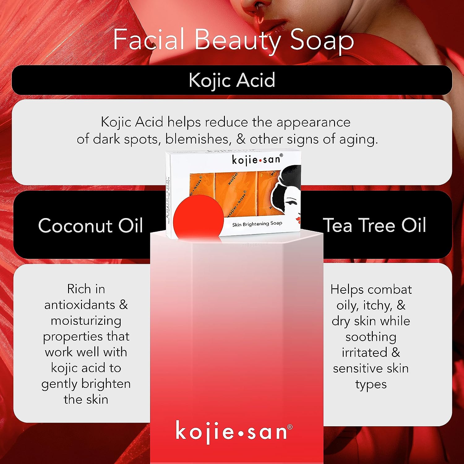 Kojie San Skin Brightening Soap - Original Kojic Acid Soap for Dark Spots, Hyperpigmentation, &amp; Scars with Coconut &amp; Tea Tree Oil - 65g x 3 Bars