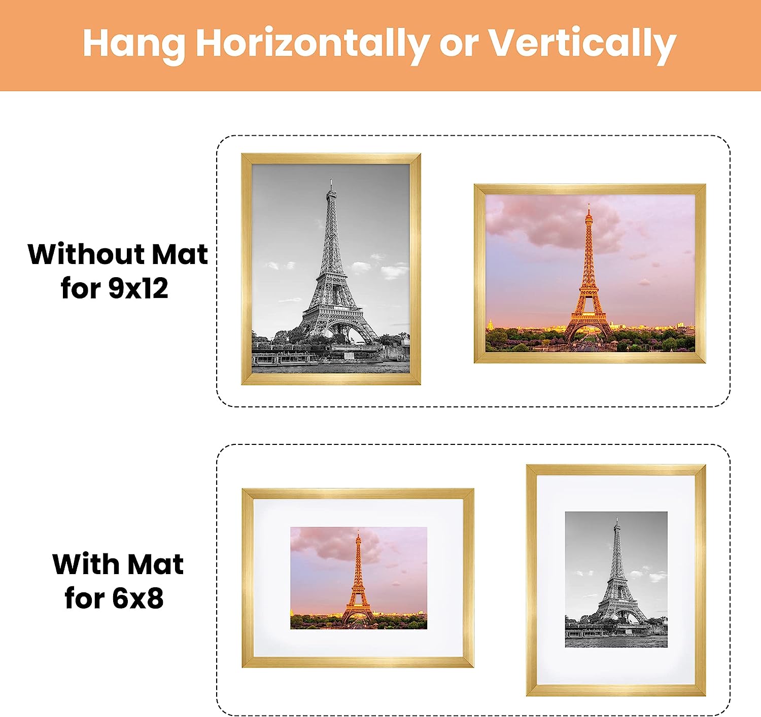 upsimples 9x12 Picture Frame Set of 5,Display Pictures 6x8 with Mat or 9x12 Without Mat,Wall Gallery Photo Frames, Gold