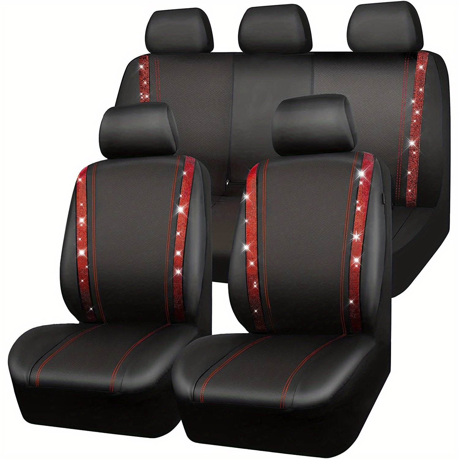Bling Car Seat Covers Full Set, Shining Rhinestone Waterproof Leather Seat Covers For Women,Universal Fit 95% Automotive, Silver Artificial Diamond
