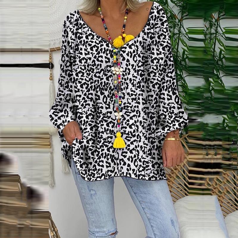 Women's Fashion V-Neck Long Sleeve Leopard Print Loose T-Shirt