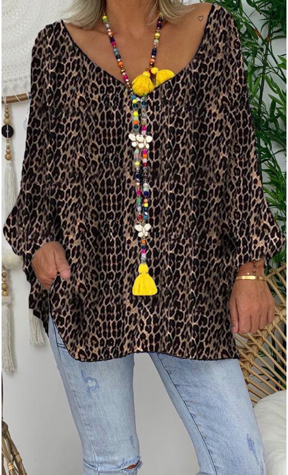 Women's Fashion V-Neck Long Sleeve Leopard Print Loose T-Shirt