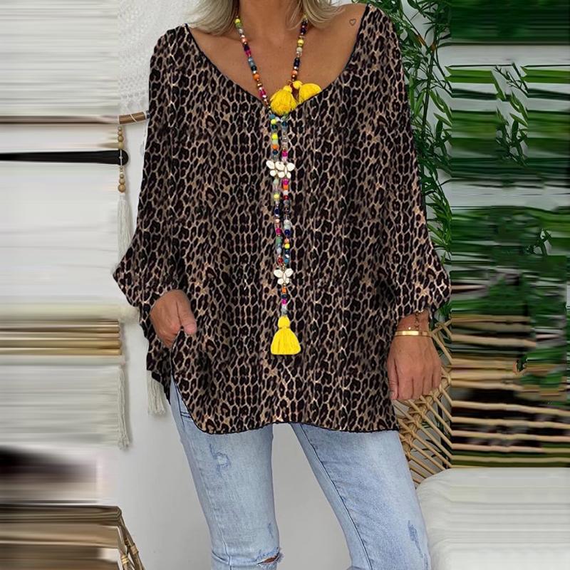 Women's Fashion V-Neck Long Sleeve Leopard Print Loose T-Shirt