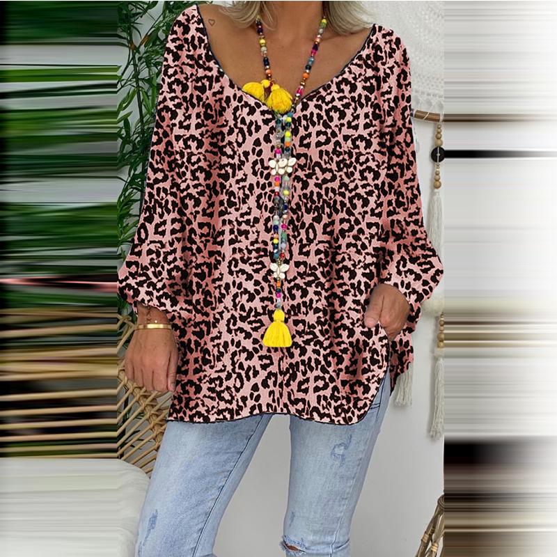 Women's Fashion V-Neck Long Sleeve Leopard Print Loose T-Shirt