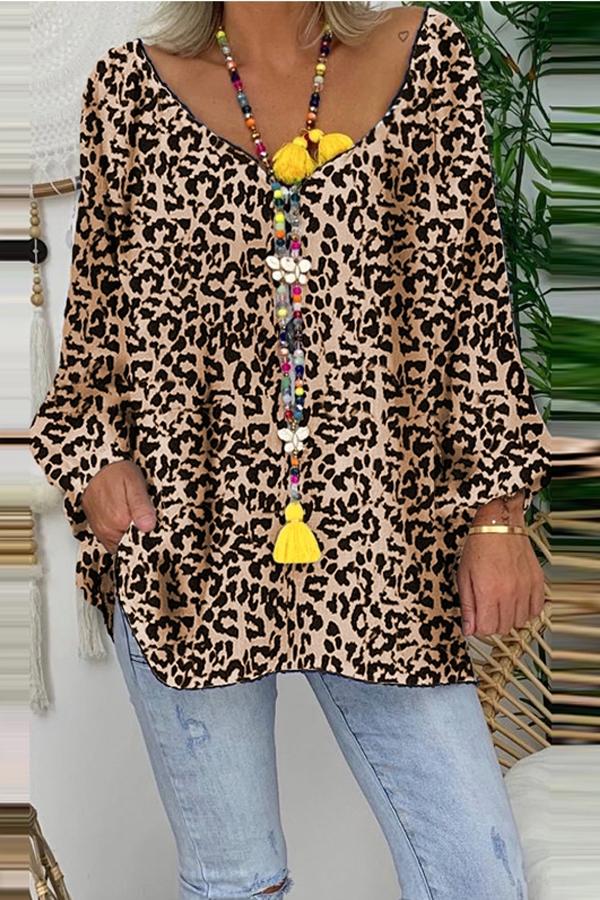 Women's Fashion V-Neck Long Sleeve Leopard Print Loose T-Shirt