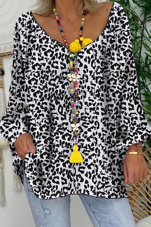 Women's Fashion V-Neck Long Sleeve Leopard Print Loose T-Shirt