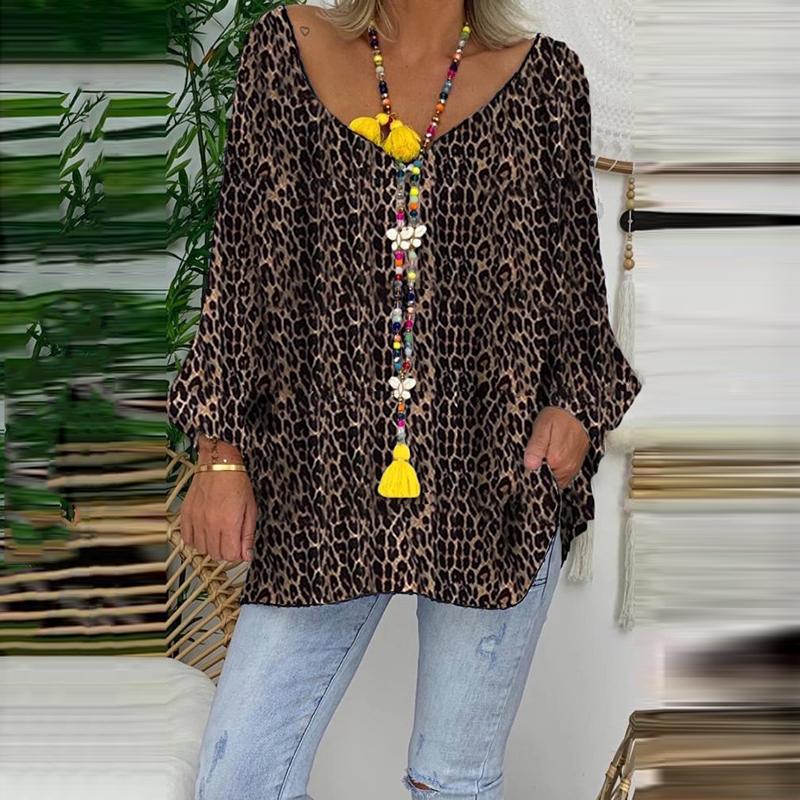 Women's Fashion V-Neck Long Sleeve Leopard Print Loose T-Shirt