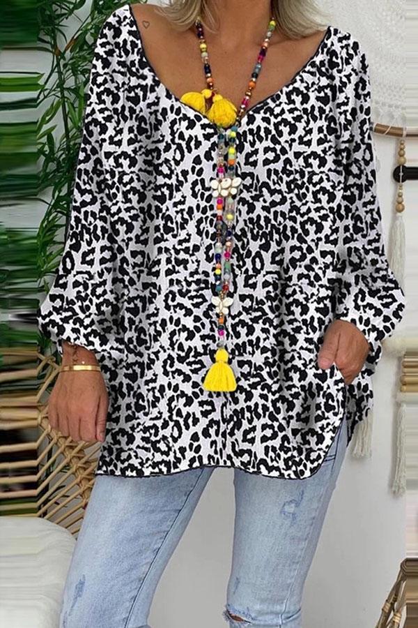 Women's Fashion V-Neck Long Sleeve Leopard Print Loose T-Shirt