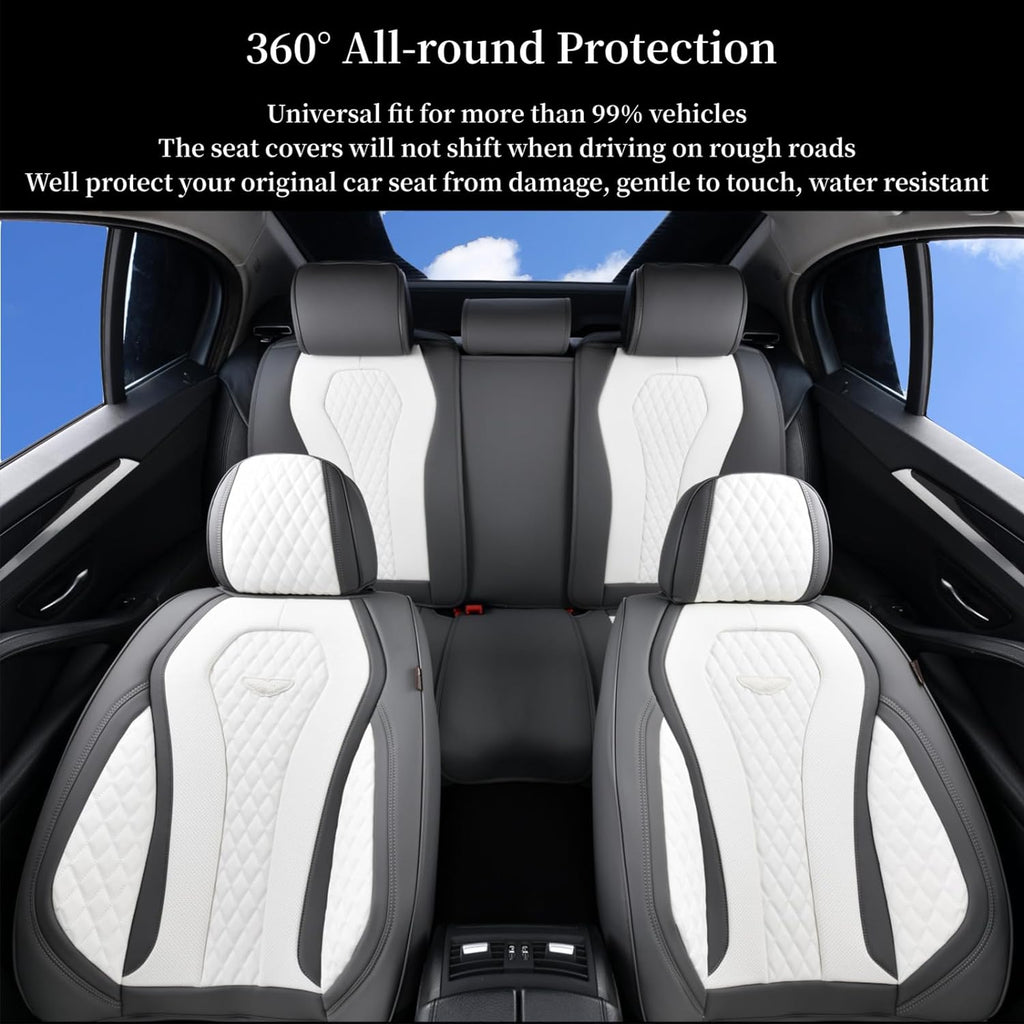 Coverado Leather Seat Covers Full Set, 5 Seats Universal Seat Covers for Cars, Waterproof Luxury Leatherette Seat Cushions, Front and Rear Seat Protectors, Seat Covers Fit for Most Vehicles Gray/White