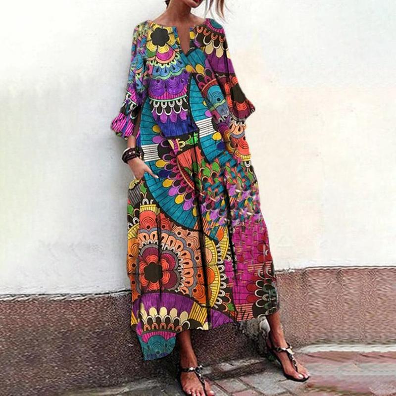 Ladies casual retro bohemian ethnic print V-neck three-quarter sleeve loose maix dress