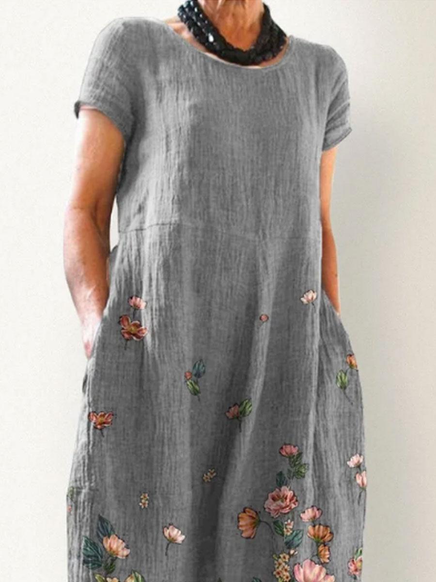 Round Neck Cotton And Linen Printed Pocket Short-sleeved Maxi Dress
