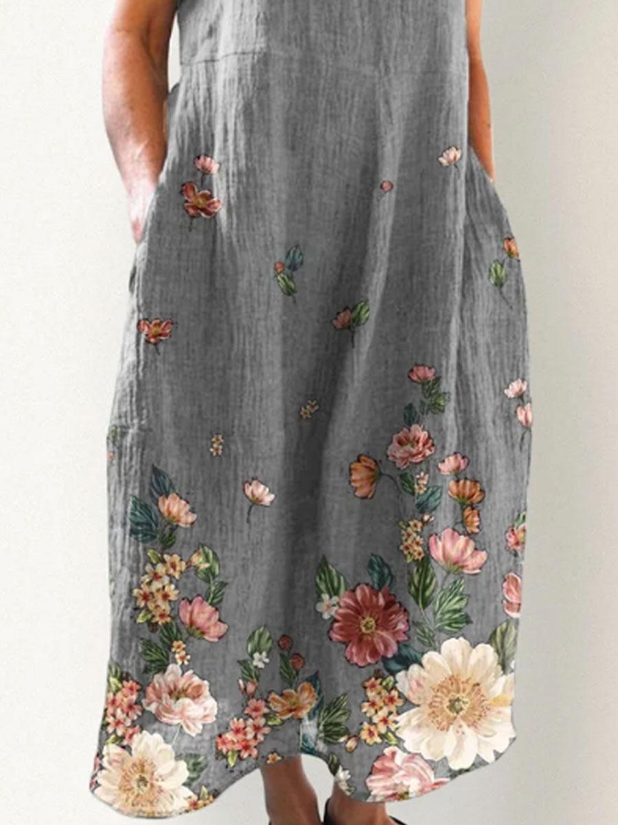 Round Neck Cotton And Linen Printed Pocket Short-sleeved Maxi Dress