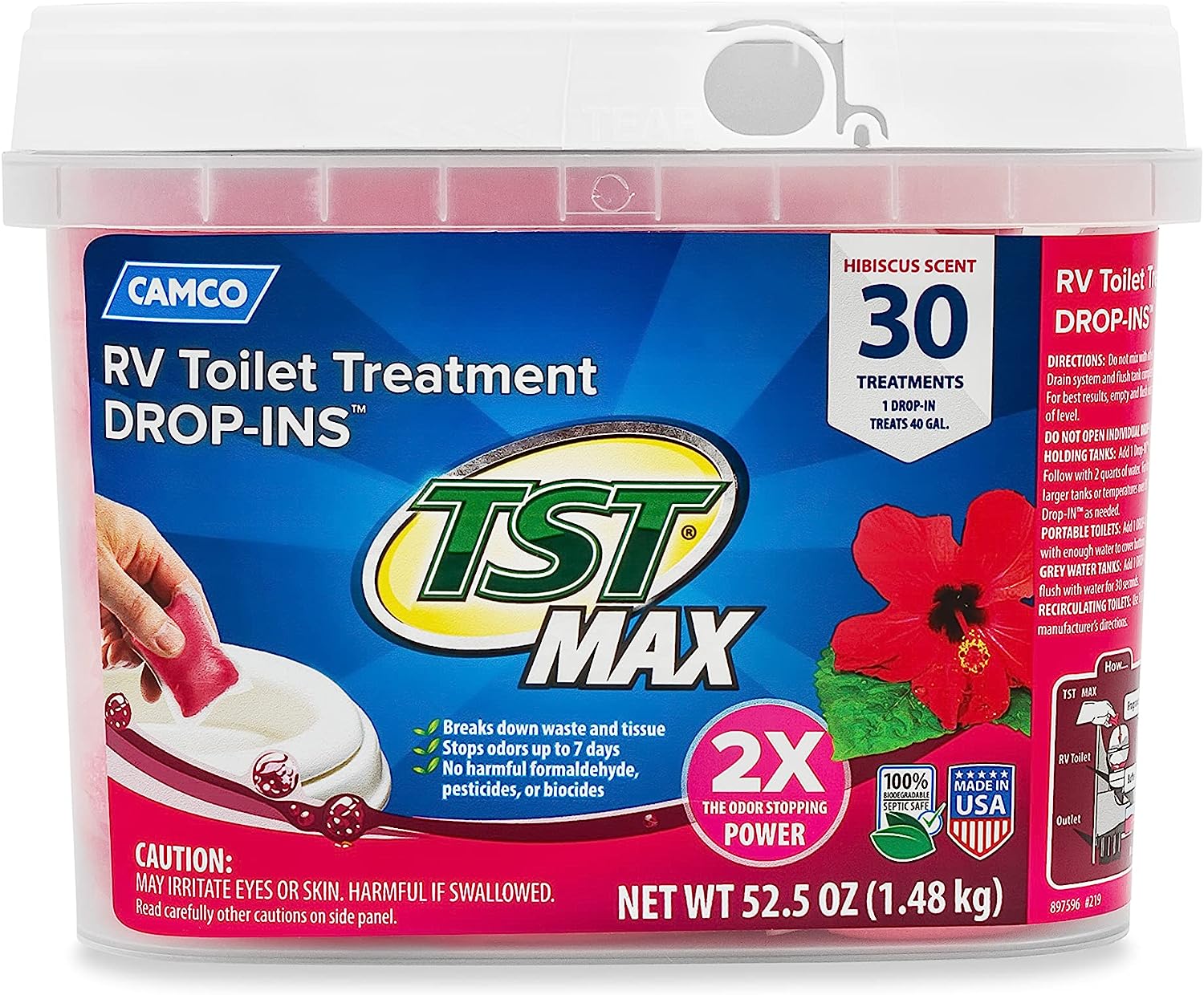 Camco TST MAX RV Toilet Treatment Drop-INs | Control Unwanted Odors and Break Down Waste and Tissue | Septic Tank Safe | Hibiscus Breeze Scent | 30-pack (41604)