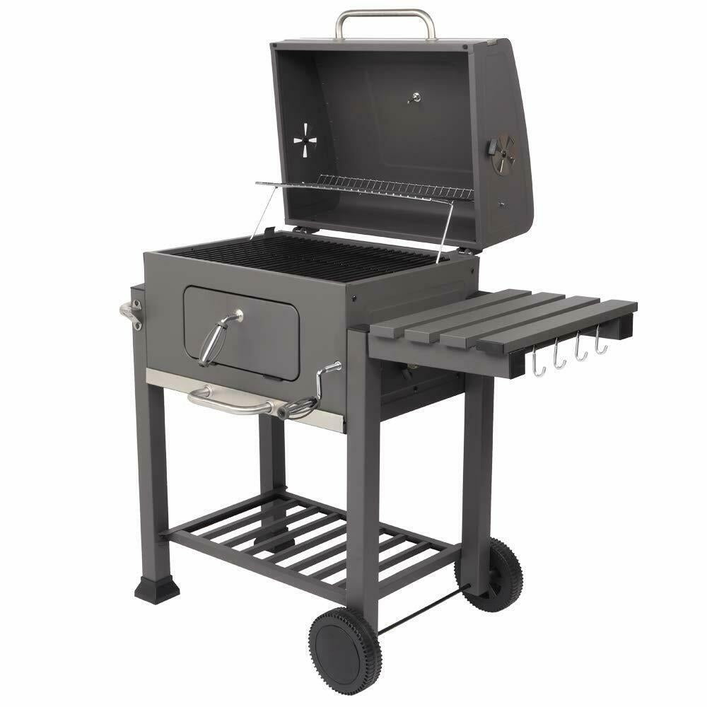Outdoor Barbecue Charcoal Oven Square Oven with 4 Hooks Plastic Wheels