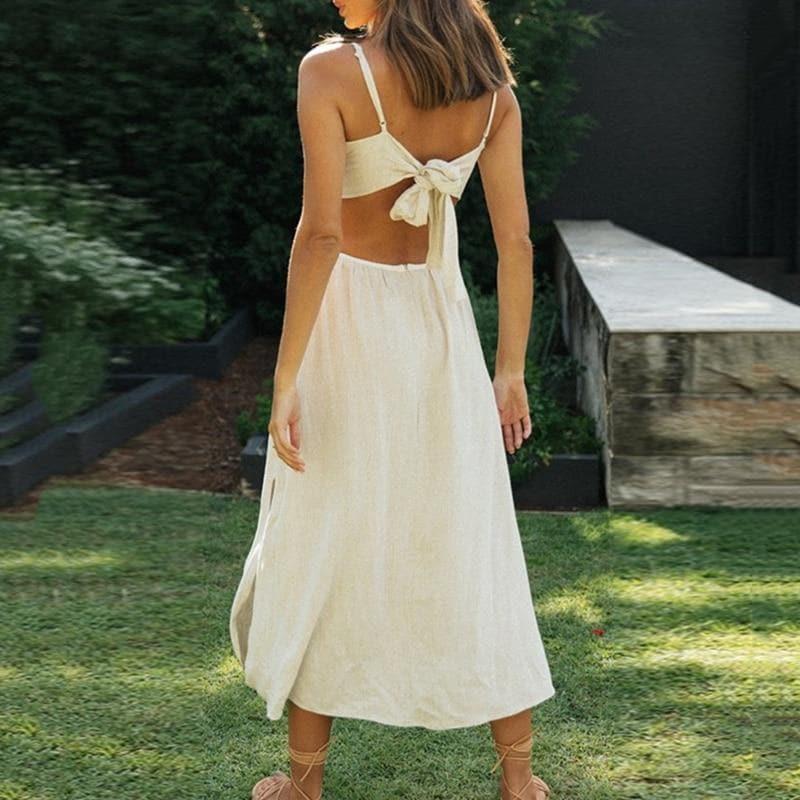spaghetti strap backless midi dress