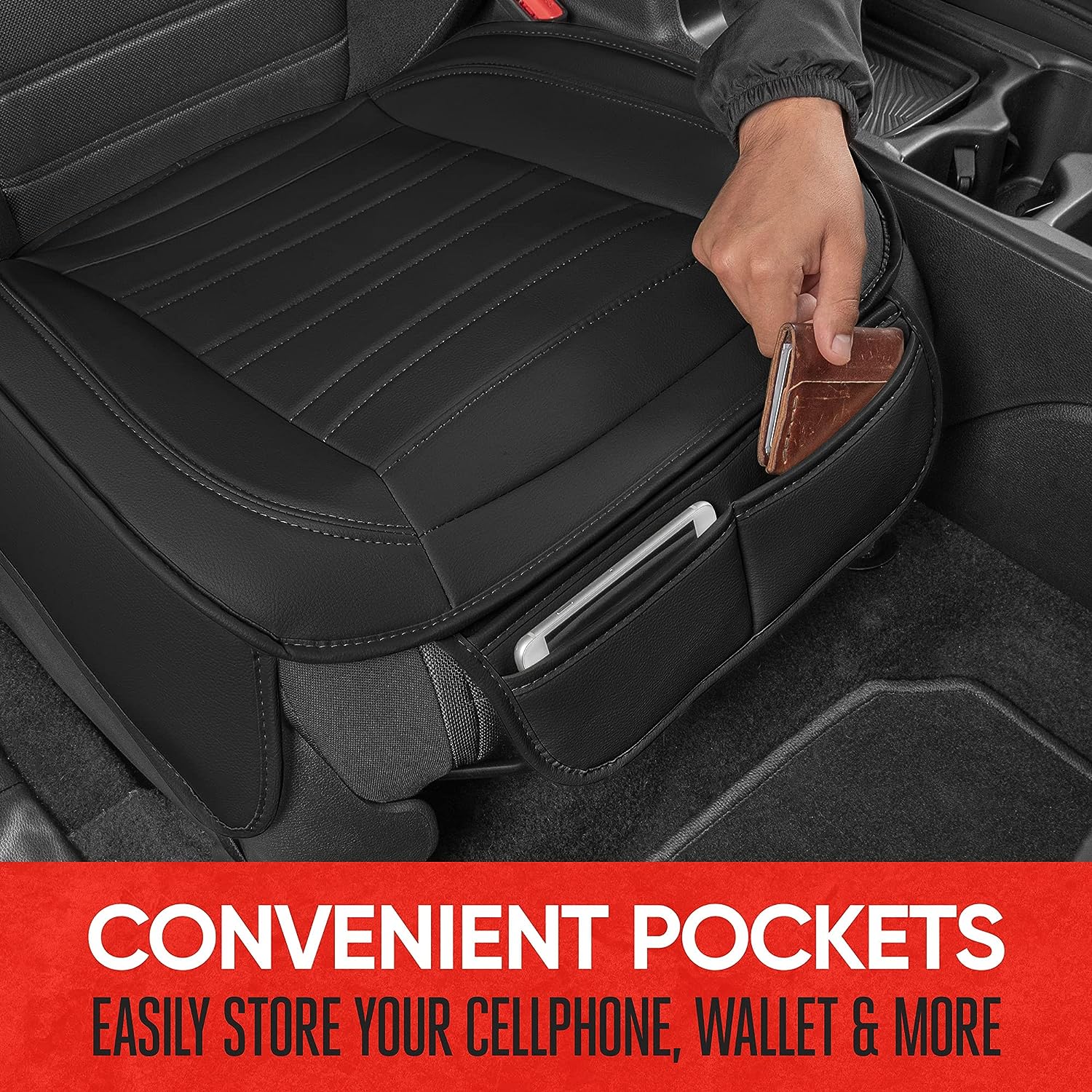 Motor Trend Seat Covers for Cars Trucks SUV, Faux Leather Full Set Black Padded Car Seat Covers with Storage Pockets, Premium Interior Car Seat Cover