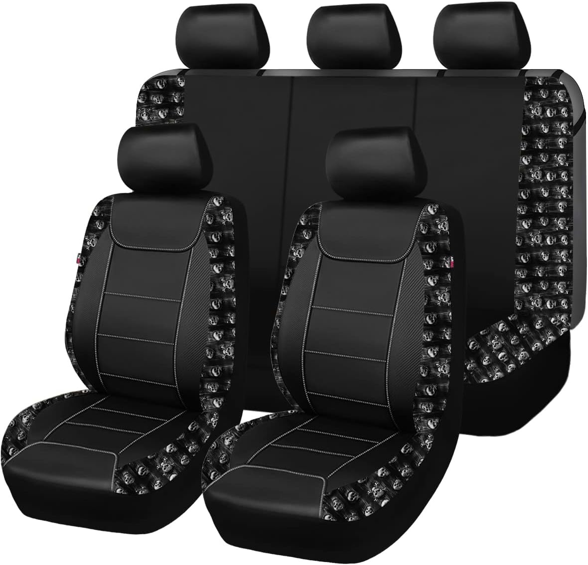 Flying Banner car seat Covers Fashion Faux Leather Gray Skull Full Set Rear Bench Split Easy installations car Truck SUV