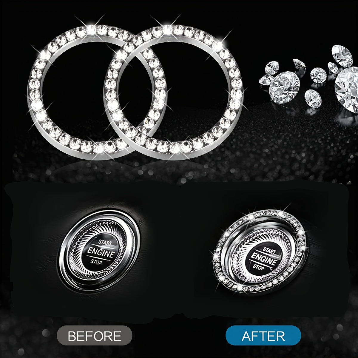 7Pcs/Set Car Decoration Kit, White Artificial Diamond Car Steering Wheel Cover, Center Console Cover Pad, Gear Shift Cover, Ignition Ring, Car Coaster