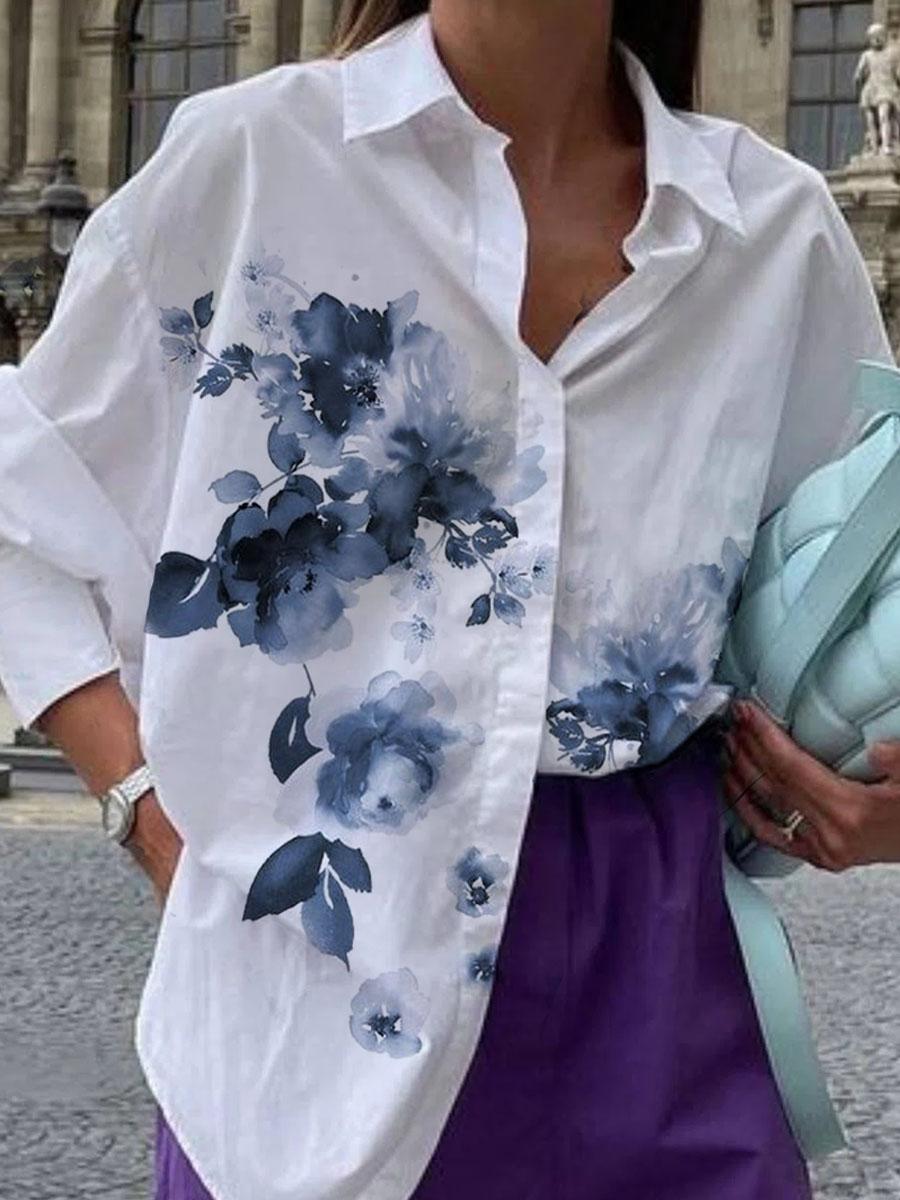 Watercolor Floral Print Casual Long-sleeved Blouse