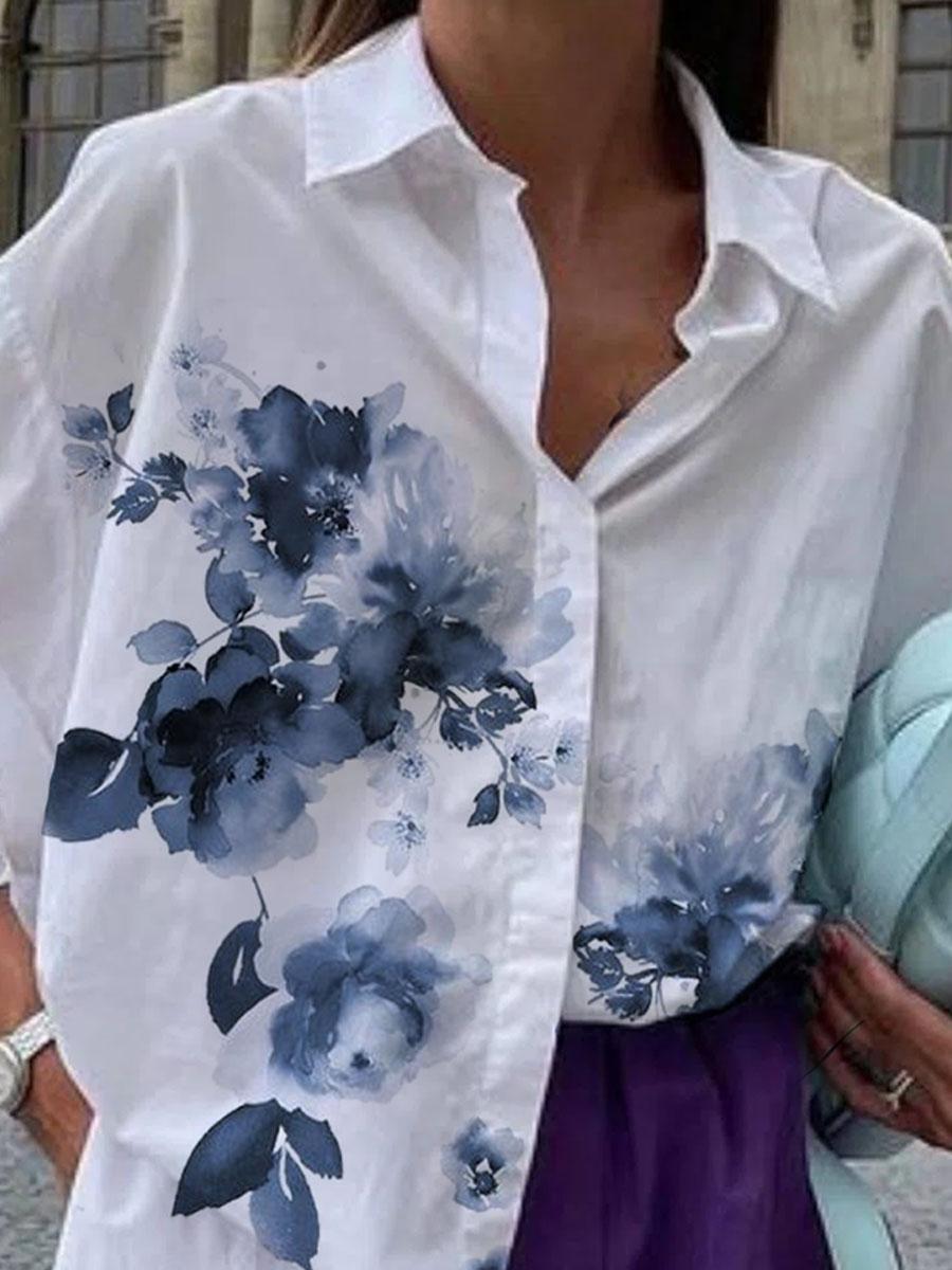 Watercolor Floral Print Casual Long-sleeved Blouse