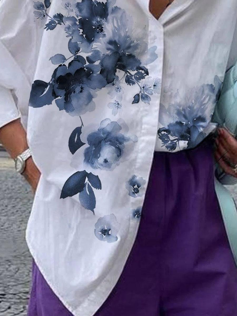 Watercolor Floral Print Casual Long-sleeved Blouse