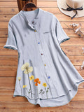 Band Collar Flower Print Short Sleeve Blouse