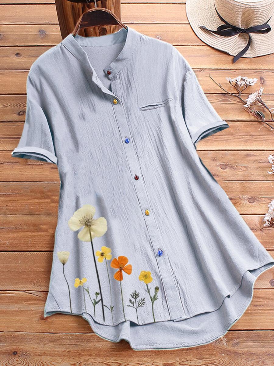 Band Collar Flower Print Short Sleeve Blouse