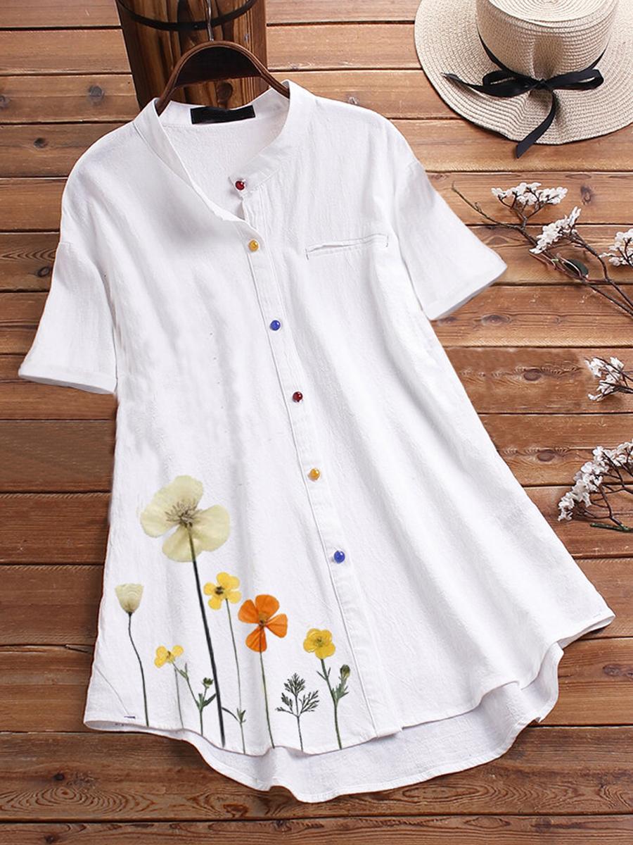 Band Collar Flower Print Short Sleeve Blouse