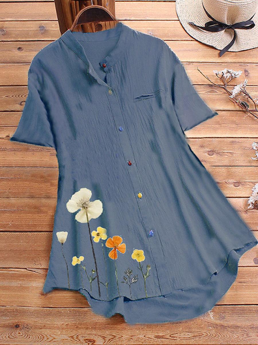 Band Collar Flower Print Short Sleeve Blouse