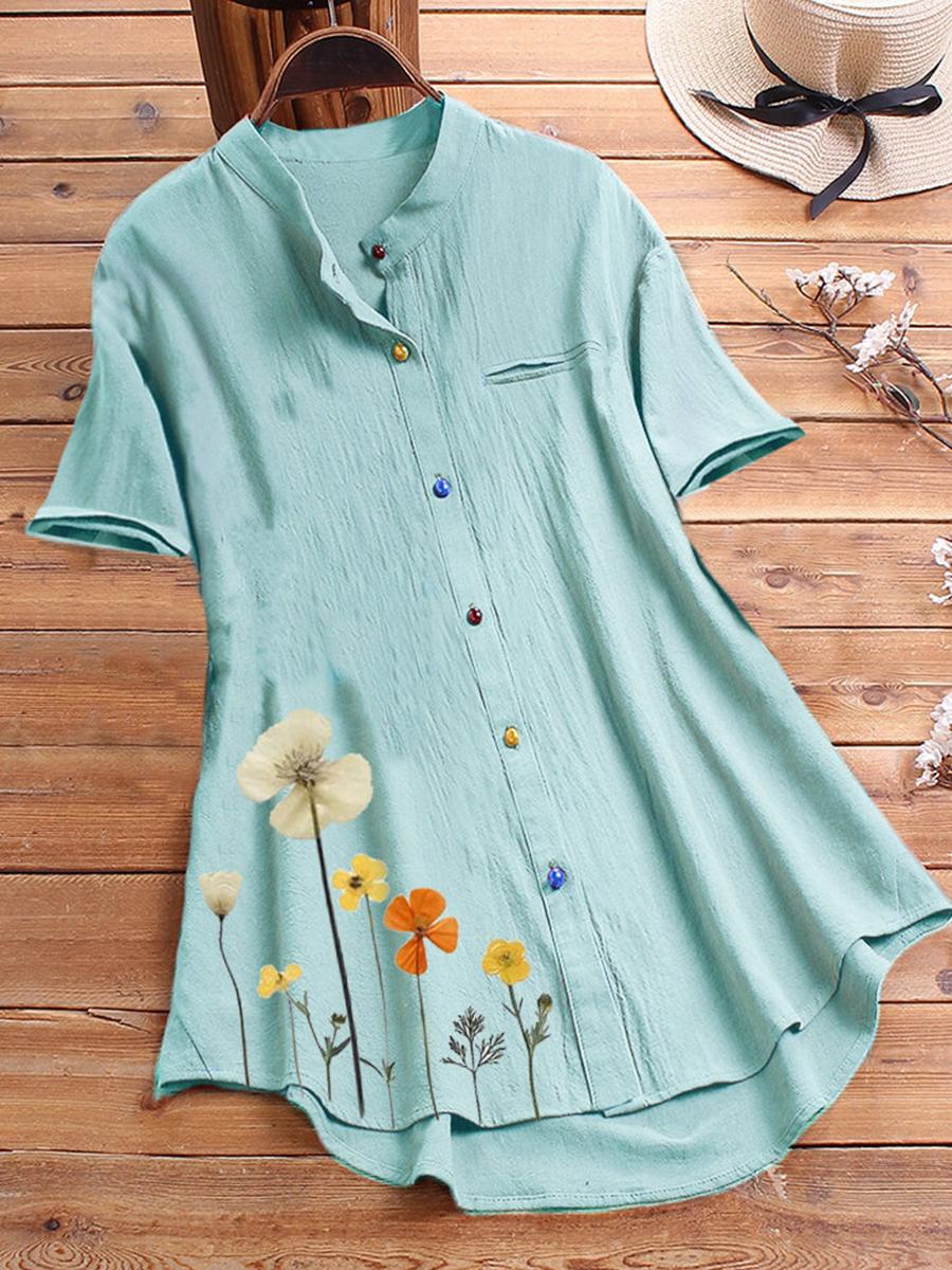 Band Collar Flower Print Short Sleeve Blouse