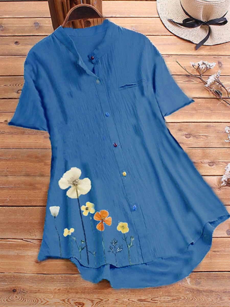Band Collar Flower Print Short Sleeve Blouse
