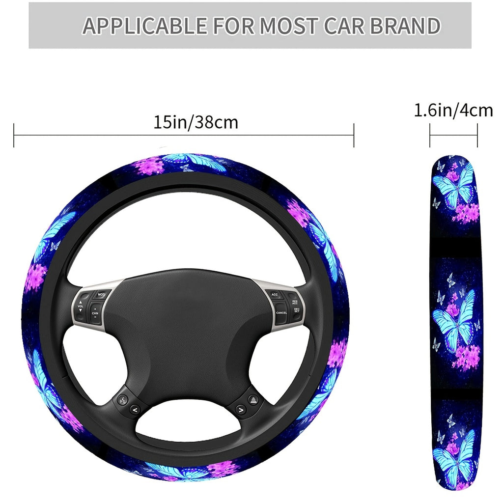 1pc Blue Butterfly Print Steering Wheel Cover
